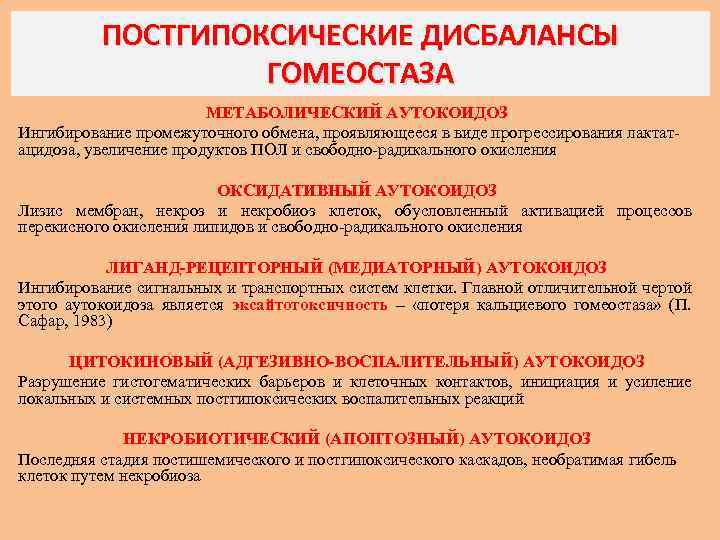 ПОСТГИПОКСИЧЕСКИЕ ДИСБАЛАНСЫ ГОМЕОСТАЗА МЕТАБОЛИЧЕСКИЙ АУТОКОИДОЗ Ингибирование промежуточного обмена, проявляющееся в виде прогрессирования лактатацидоза, увеличение