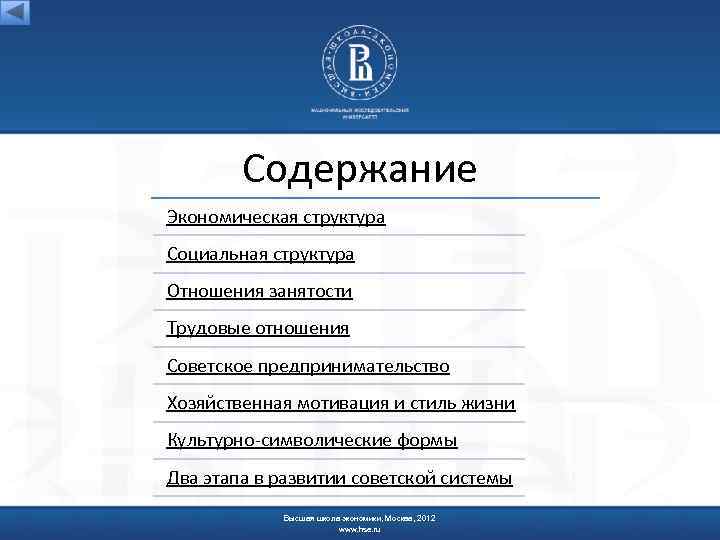 Содержание Экономическая структура Социальная структура Отношения занятости Трудовые отношения Советское предпринимательство Хозяйственная мотивация и