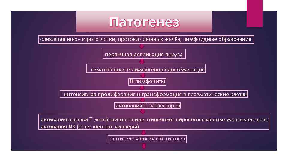 Патогенез слизистая носо- и ротоглотки, протоки слюнных желёз, лимфоидные образования первичная репликация вируса гематогенная