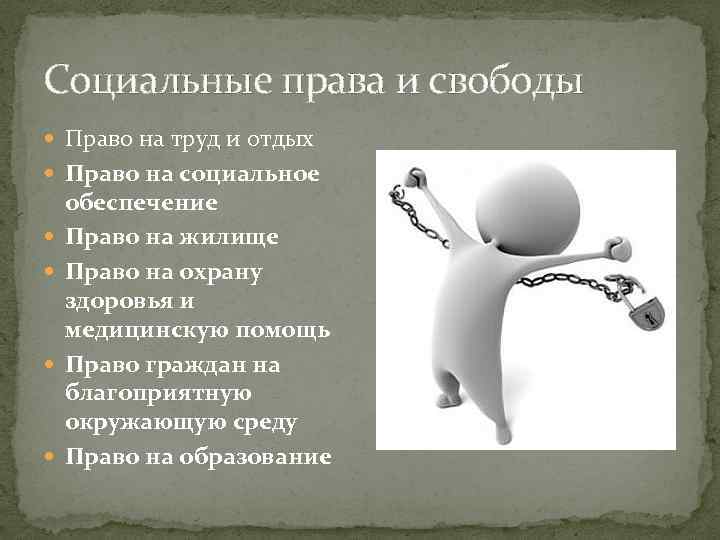 Социальные права и свободы Право на труд и отдых Право на социальное обеспечение Право