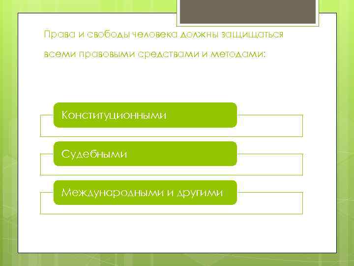 Права и свободы человека должны защищаться всеми правовыми средствами и методами: Конституционными Судебными Международными