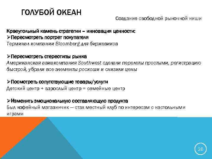 ГОЛУБОЙ ОКЕАН Создание свободной рыночной ниши Краеугольный камень стратегии – инновация ценности: ØПересмотреть портрет