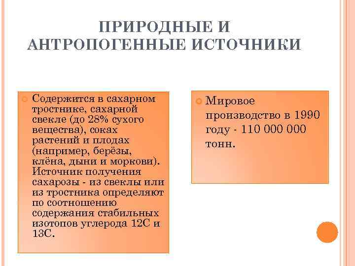 ПРИРОДНЫЕ И АНТРОПОГЕННЫЕ ИСТОЧНИКИ Содержится в сахарном тростнике, сахарной свекле (до 28% сухого вещества),