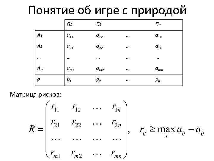 Понятие об игре с природой П 1 П 2 A 1 a 12 …