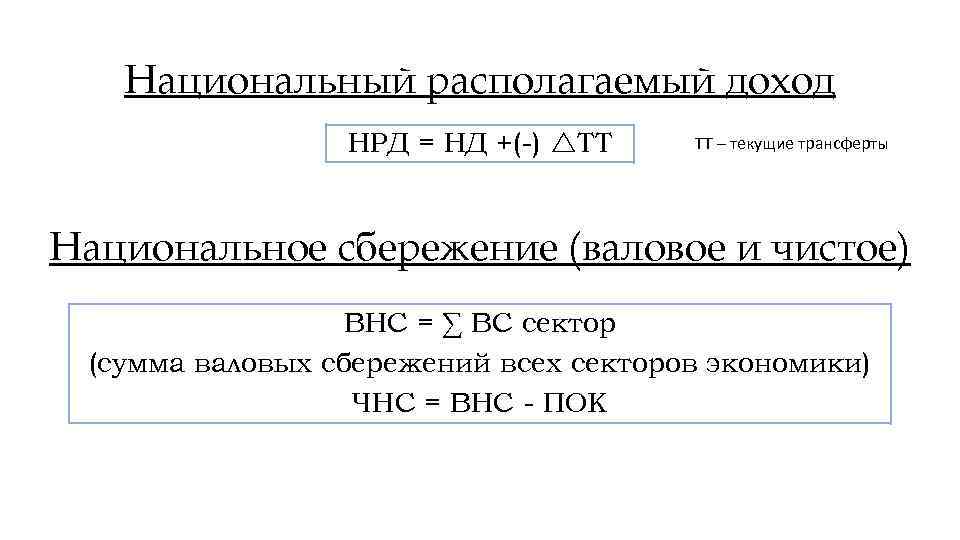 Национальный располагаемый доход НРД = НД +(-) ТТ ТТ – текущие трансферты Национальное сбережение