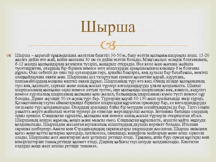 Шырша – қарағай тұқымдасына жататын биіктігі 30 -50 м, баяу өсетін қылқанжапырақты ағаш. 15
