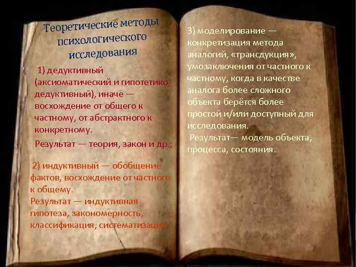 ды еоретические мето Т психологического исследования • 1) дедуктивный (аксиоматический и гипотетикодедуктивный), иначе —