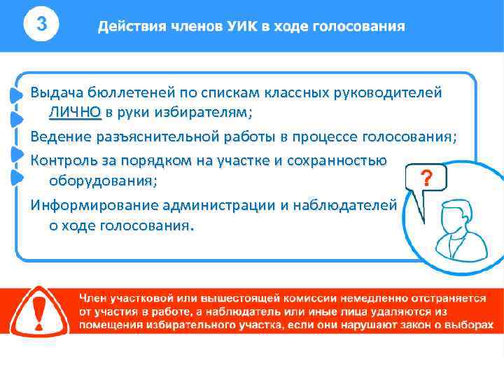 Выдача бюллетеней по спискам классных руководителей ЛИЧНО в руки избирателям; Ведение разъяснительной работы в