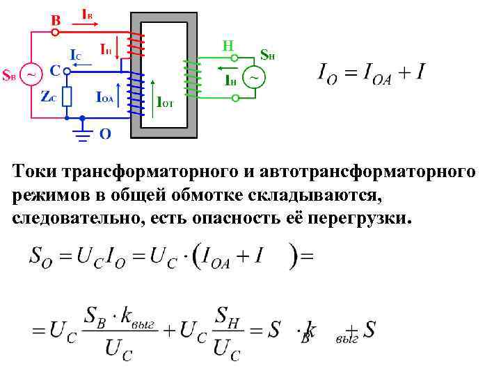 Токи трансформаторного и автотрансформаторного режимов в общей обмотке складываются, следовательно, есть опасность её перегрузки.