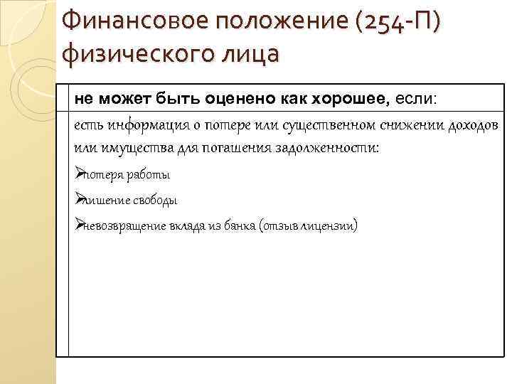 Финансовое положение (254 -П) физического лица не может быть оценено как хорошее, если: есть Финансовое положение (254 -П) физического лица не может быть оценено как хорошее, если: есть