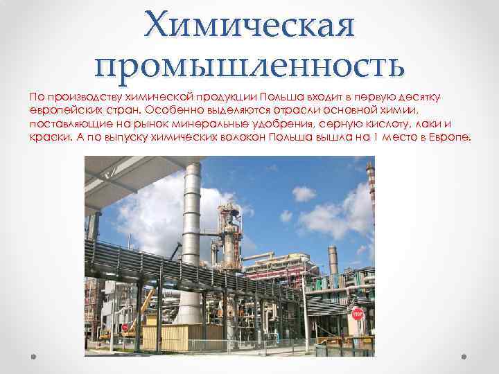   Химическая  промышленность По производству химической продукции Польша входит в первую десятку