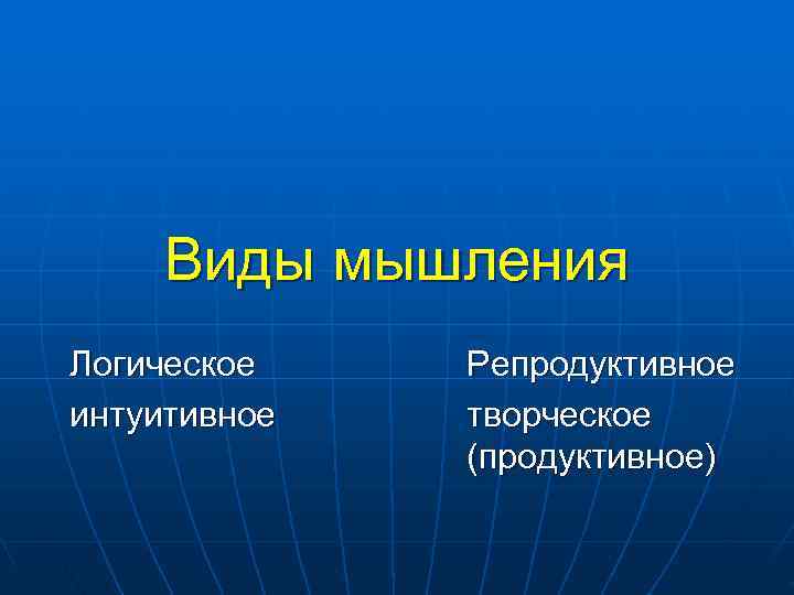 Виды мышления Логическое Репродуктивное интуитивное творческое (продуктивное) Виды мышления Логическое Репродуктивное интуитивное творческое (продуктивное)