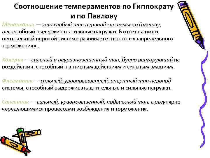   Соотношение темпераментов по Гиппократу    и по Павлову Меланхолик —