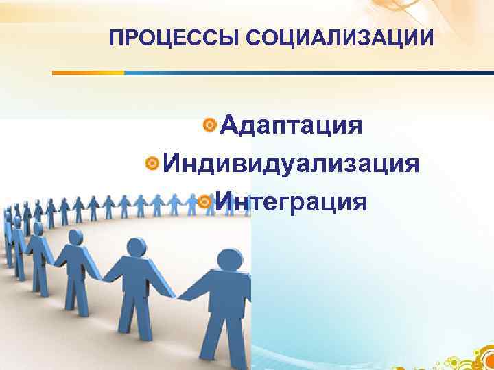 ПРОЦЕССЫ СОЦИАЛИЗАЦИИ Адаптация Индивидуализация Интеграция ПРОЦЕССЫ СОЦИАЛИЗАЦИИ Адаптация Индивидуализация Интеграция