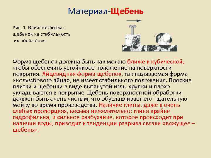      Материал-Щебень Рис. 1. Влияние формы щебенок на стабильность их
