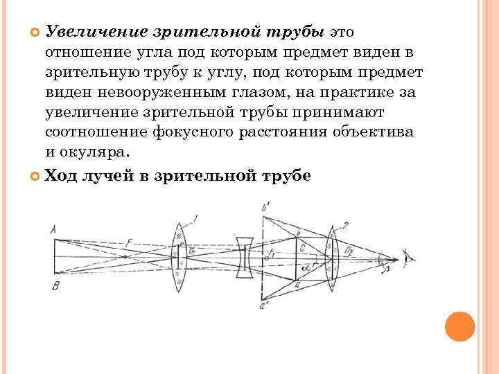  Увеличение зрительной трубы это  отношение угла под которым предмет виден в 
