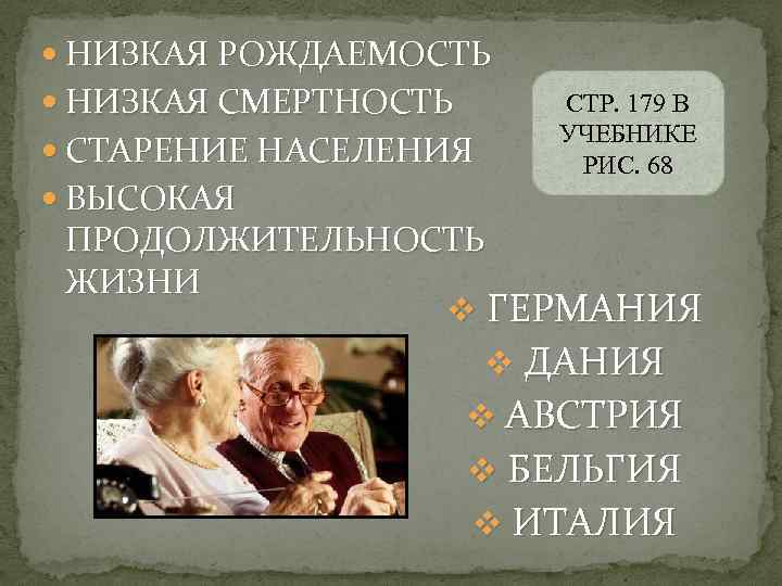  НИЗКАЯ РОЖДАЕМОСТЬ  НИЗКАЯ СМЕРТНОСТЬ СТР. 179 В     УЧЕБНИКЕ
