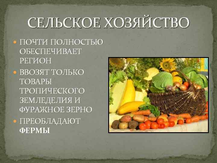  СЕЛЬСКОЕ ХОЗЯЙСТВО  ПОЧТИ ПОЛНОСТЬЮ  ОБЕСПЕЧИВАЕТ  РЕГИОН  ВВОЗЯТ ТОЛЬКО 
