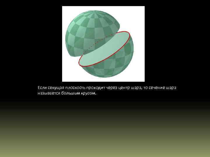 Если секущая плоскость проходит через центр шара, то сечение шара называется большим кругом. 