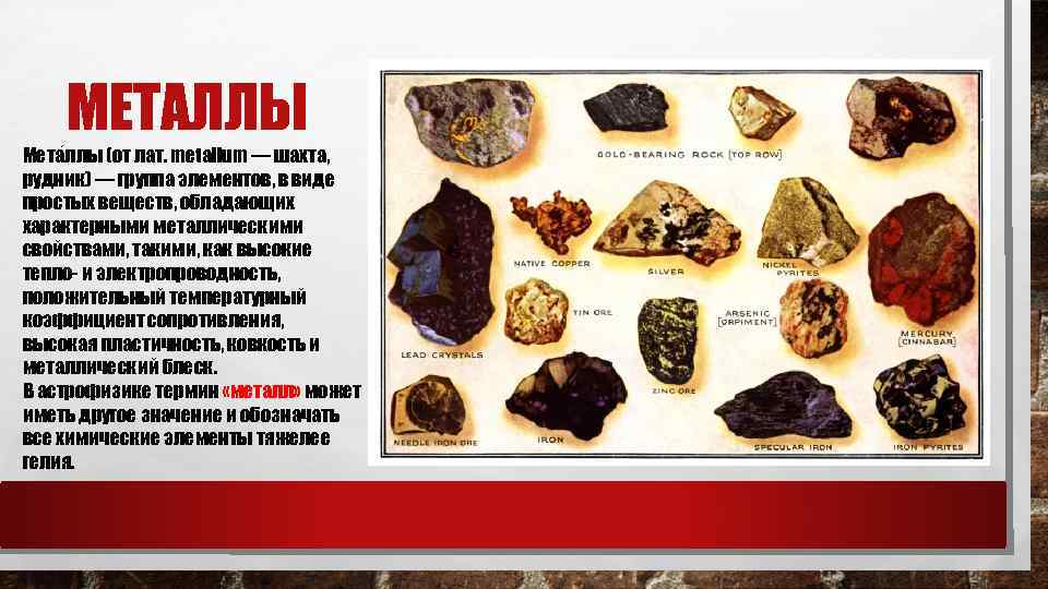   МЕТАЛЛЫ Мета ллы (от лат. metallum — шахта, рудник) — группа элементов,
