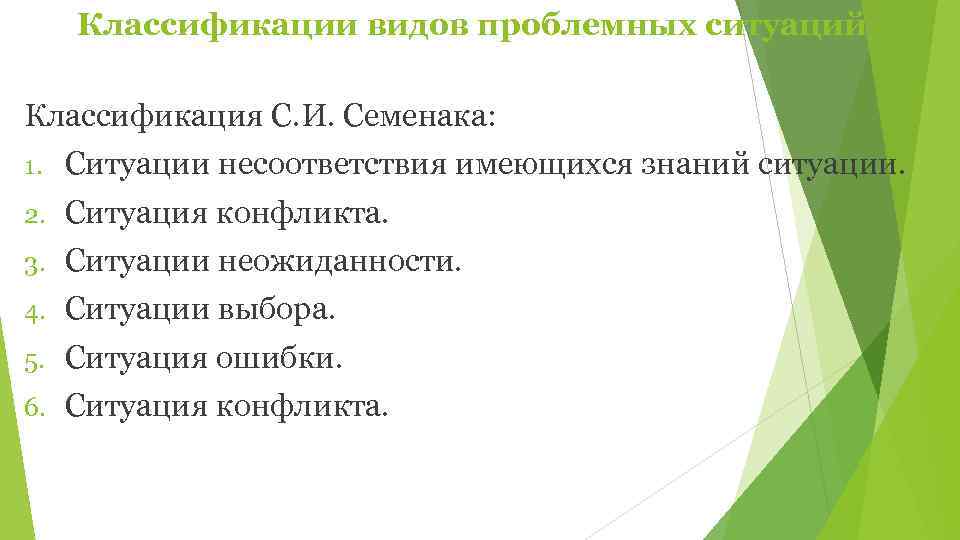  Классификации видов проблемных ситуаций Классификация С. И. Семенака: 1.  Ситуации несоответствия имеющихся