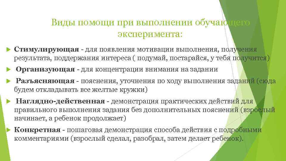    Виды помощи при выполнении обучающего      эксперимента: