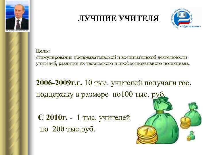    ЛУЧШИЕ УЧИТЕЛЯ  Цель: стимулирование преподавательской и воспитательной деятельности учителей, развитие