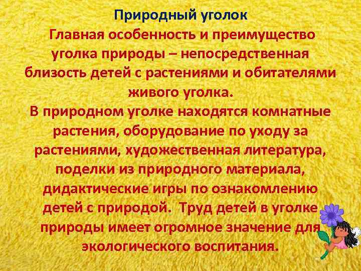 Природный уголок Главная особенность и преимущество уголка природы – непосредственная близость Природный уголок Главная особенность и преимущество уголка природы – непосредственная близость