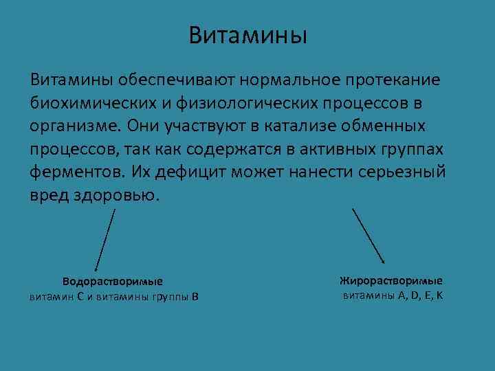       Витамины обеспечивают нормальное протекание биохимических и физиологических процессов