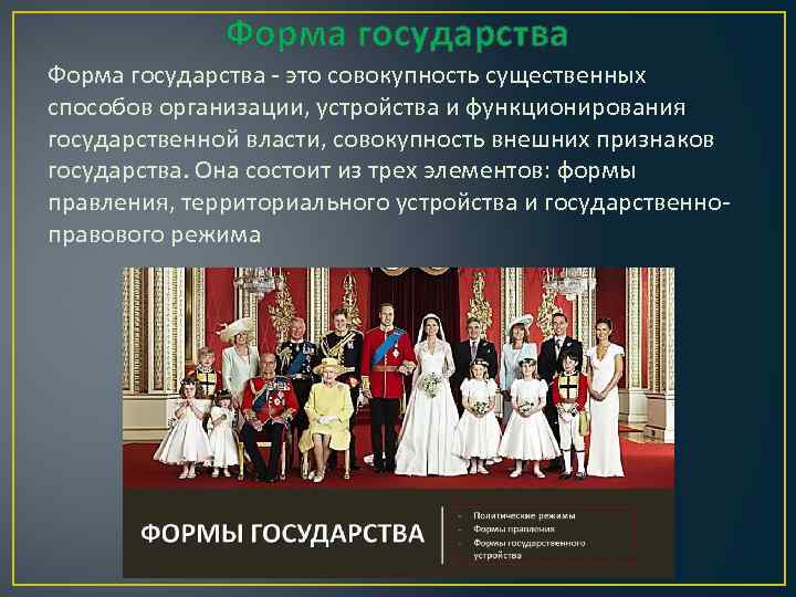    Форма государства - это совокупность существенных способов организации, устройства и функционирования