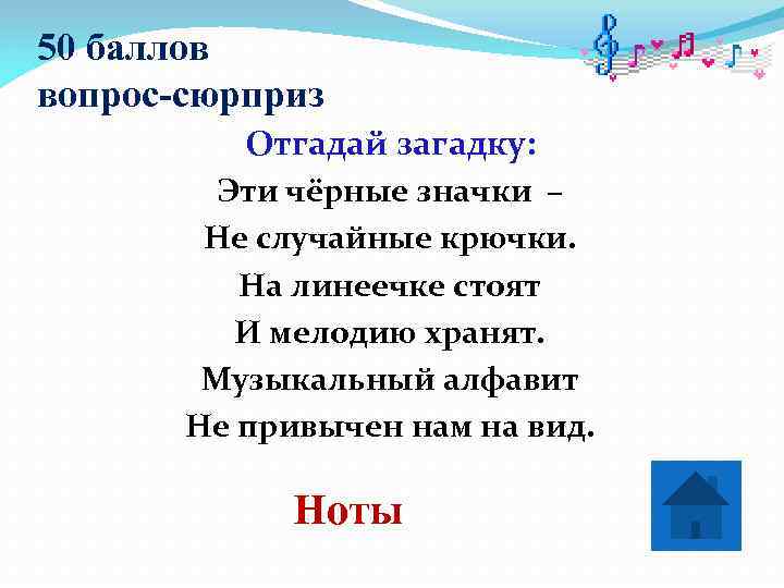 50 баллов вопрос-сюрприз  Отгадай загадку:   Эти чёрные значки –  