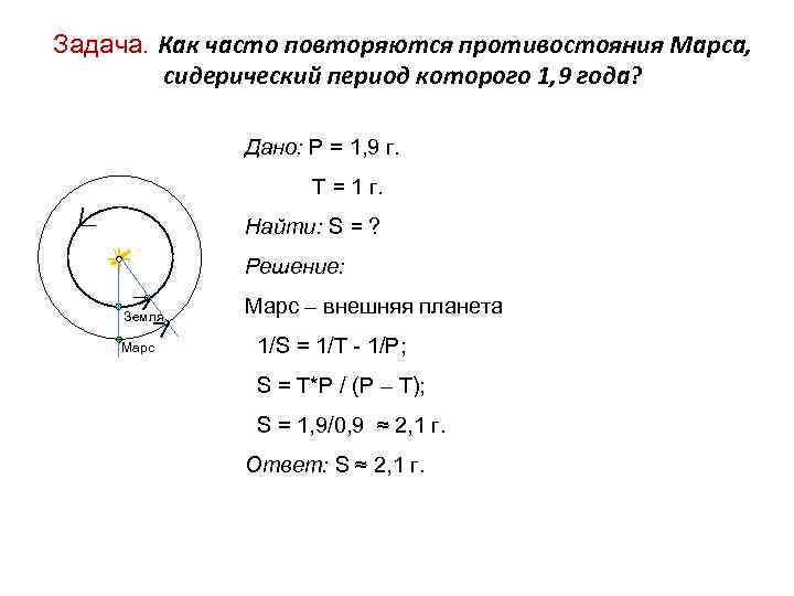 Задача. Как часто повторяются противостояния Марса, сидерический период которого 1, 9 года? Задача. Как часто повторяются противостояния Марса, сидерический период которого 1, 9 года?
