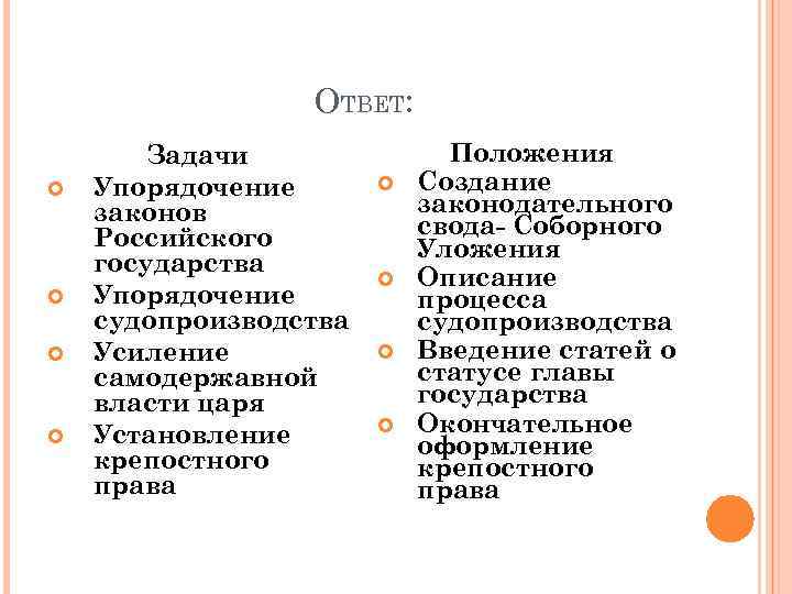    ОТВЕТ:   Задачи    Положения Упорядочение  Создание