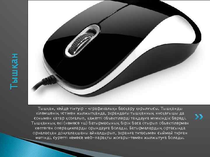 Тышқан   Тышқан, кейде тінтуір – «графикалық» басқару құрылғысы. Тышқанды  кілемшенің үстімен