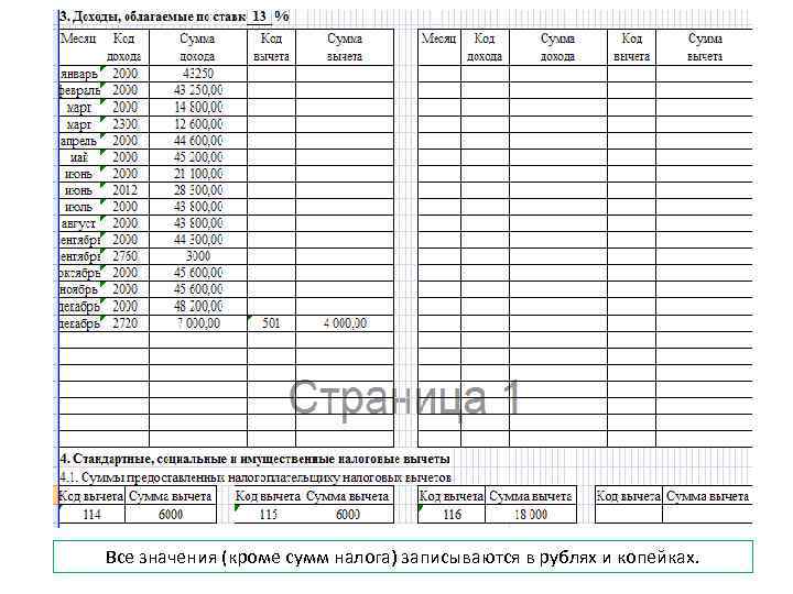 Все значения (кроме сумм налога) записываются в рублях и копейках. Все значения (кроме сумм налога) записываются в рублях и копейках.