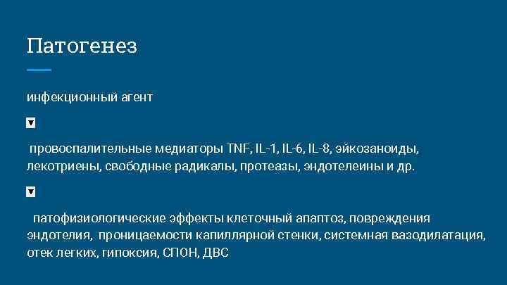 Патогенез инфекционный агент ▼ провоспалительные медиаторы TNF, IL-1, IL-6, IL-8, эйкозаноиды, лекотриены, свободные Патогенез инфекционный агент ▼ провоспалительные медиаторы TNF, IL-1, IL-6, IL-8, эйкозаноиды, лекотриены, свободные