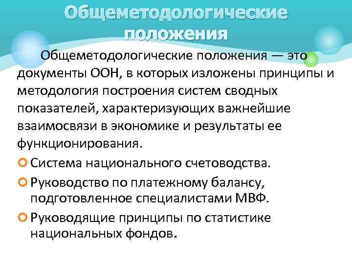  Общеметодологические  положения  Общеметодологические положения — это документы ООН, в которых изложены