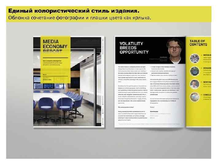 Единый колористический стиль издания. Обложка сочетание фотографии и плашки цвета как ярлыка. 