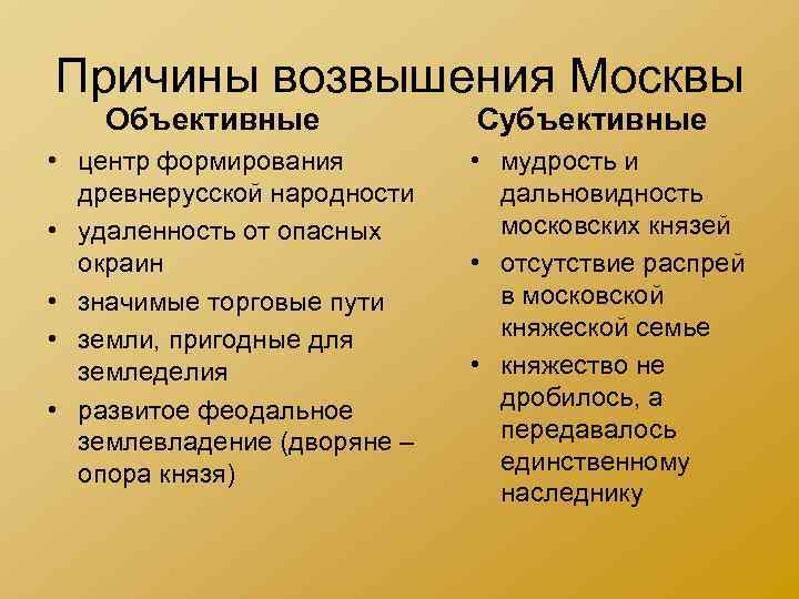 Причины возвышения Москвы Объективные Субъективные • центр формирования • мудрость Причины возвышения Москвы Объективные Субъективные • центр формирования • мудрость