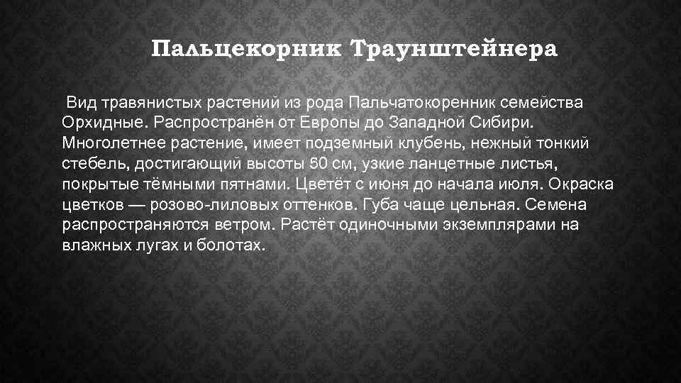    Пальцекорник Tраунштейнера Вид травянистых растений из рода Пальчатокоренник семейства Орхидные. Распространён