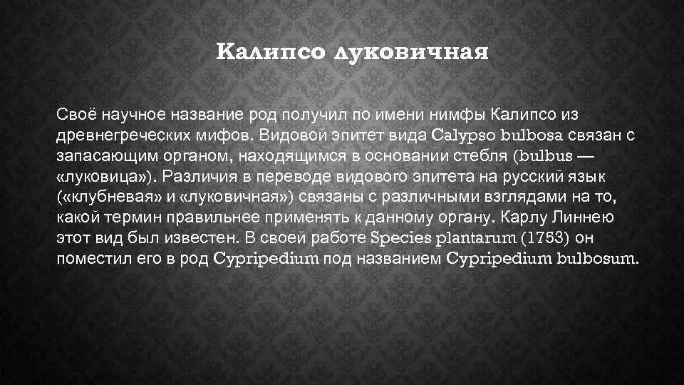    Калипсо луковичная Своё научное название род получил по имени нимфы Калипсо
