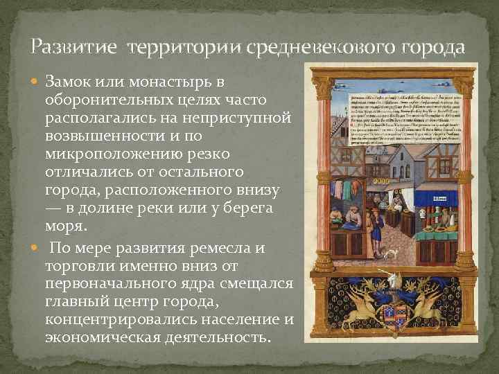 Развитие территории средневекового города  Замок или монастырь в  оборонительных целях часто 