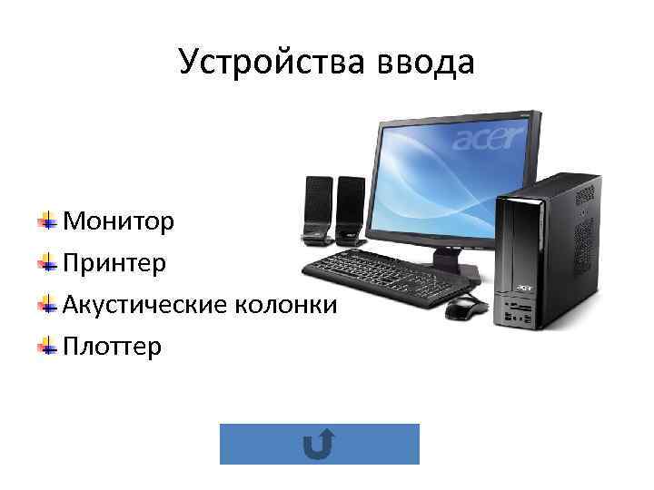   Устройства ввода  Монитор Принтер Акустические колонки Плоттер 
