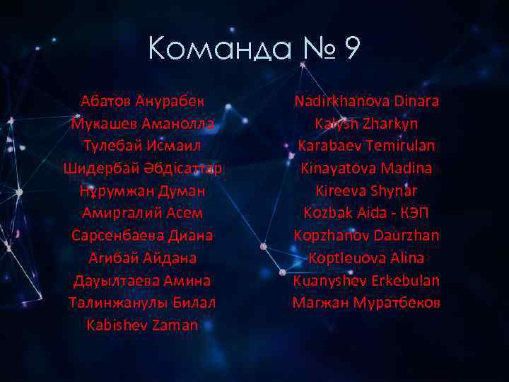    Команда № 9  Абатов Анурабек Nadirkhanova Dinara Мукашев Аманолла 