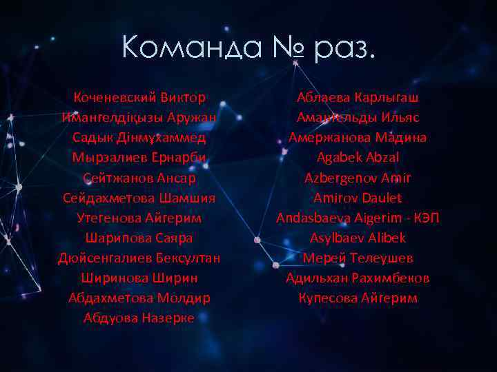  Команда № раз. Коченевский Виктор Аблаева Карлыгаш Имангелдіқызы Аружан  Амангельды Ильяс
