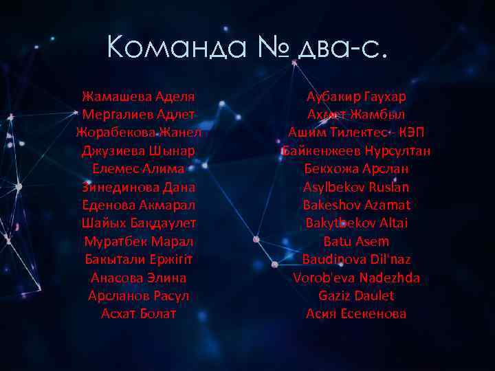   Команда № два-с.  Жамашева Аделя   Аубакир Гаухар Мергалиев Адлет