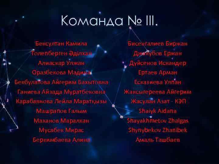    Команда № III.   Бексултан Камила   Бисенгалиев Биржан