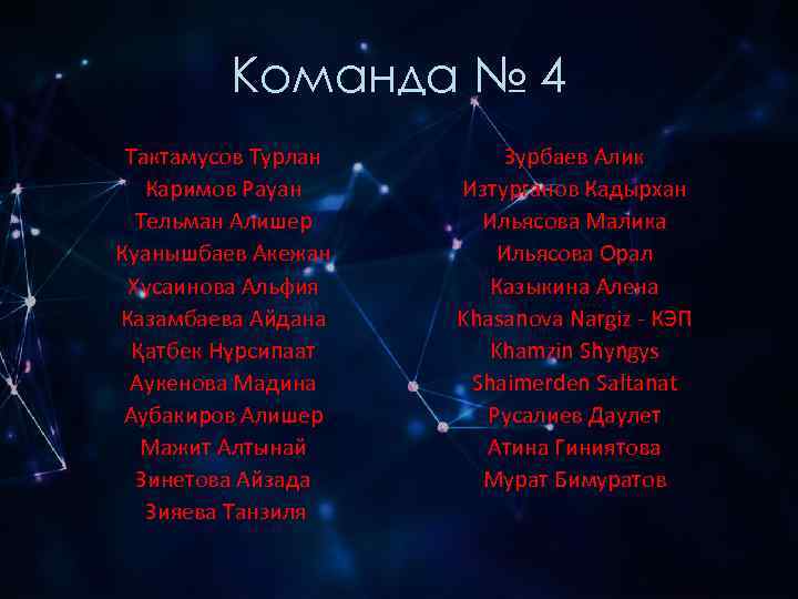    Команда № 4 Тактамусов Турлан  Зурбаев Алик  Каримов Рауан