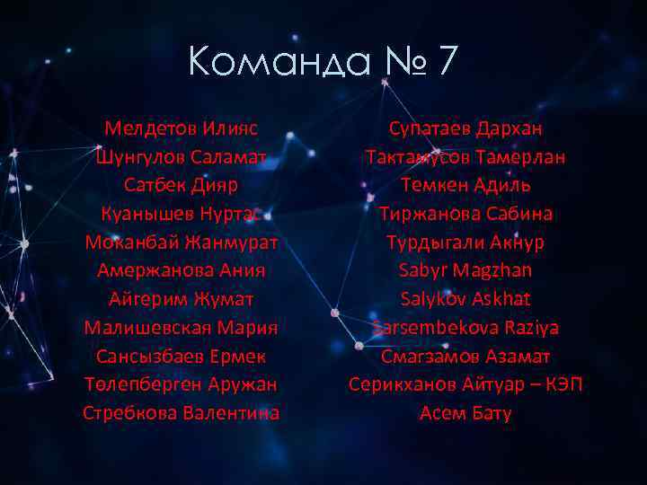    Команда № 7  Мелдетов Илияс  Супатаев Дархан Шунгулов Саламат