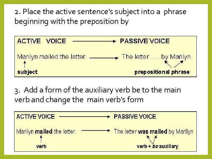 2. Place the active sentence's subject into a phrase beginning with the preposition by